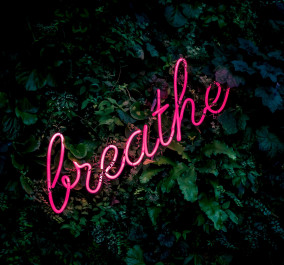 Foto mit einer rosa leuchteschriftzug "breathe"